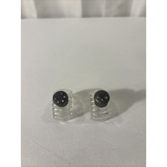 Vintage Antique Glass/Crystal Salt & Pepper Shakers Sterling Silver Caps~Patina - Picture 2 of 6
